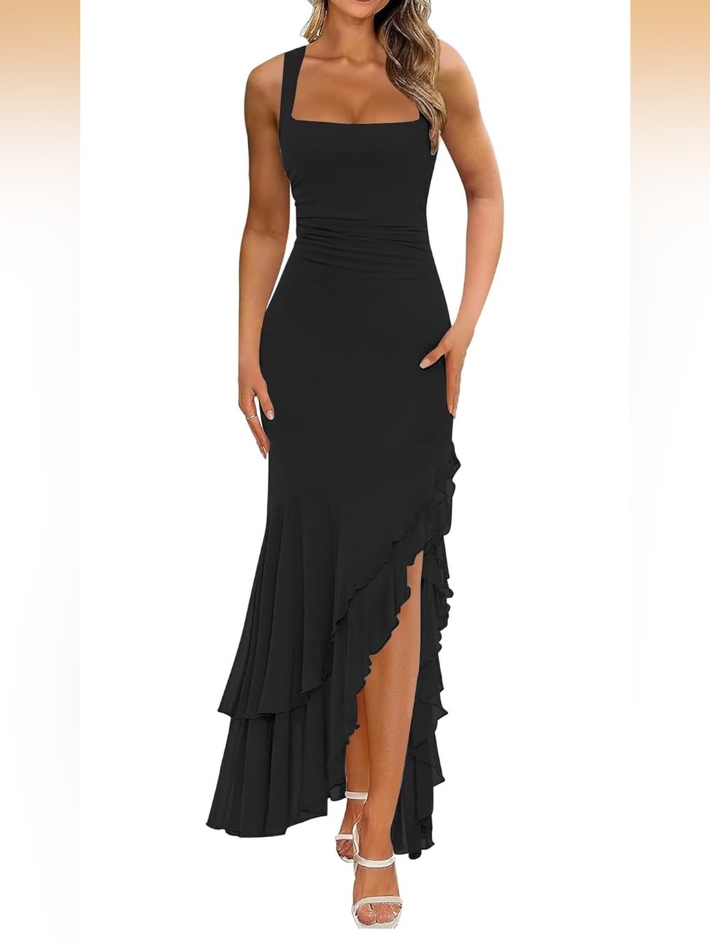 Elegant Bodycon Ruched Maxi Dress Mesh Sleeveless Mermaid Ruffle. 1980/4-2